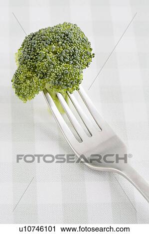 Stock Image - Close up of broccoli on fork. Fotosearch