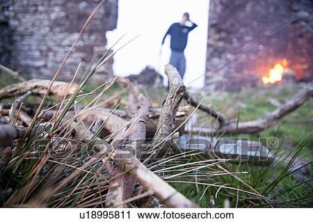 Stock Image - Close up of kindling at campsite. Fotosearch