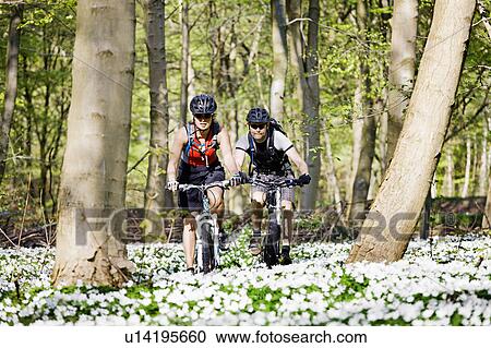 Couple mountain biking together View Large Photo Image Stock Image - Couple mountain biking together. Fotosearch