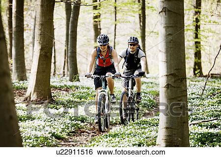 Couple mountain biking together View Large Photo Image Stock Photograph - Couple mountain biking together. Fotosearch