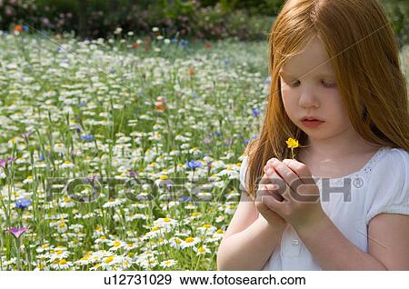 Stock Photo - Girl picking flowers in field. Fotosearch