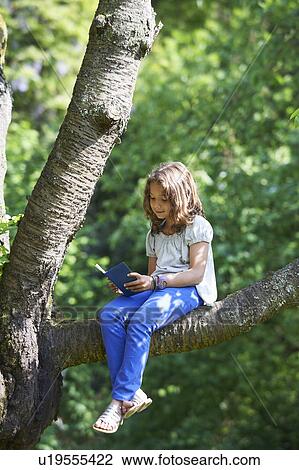 Stock Image - Girl reading in tree outdoors. Fotosearch