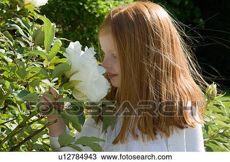Girl smelling flowers in backyard View Large Photo Image Stock Image - Girl smelling flowers in backyard. Fotosearch
