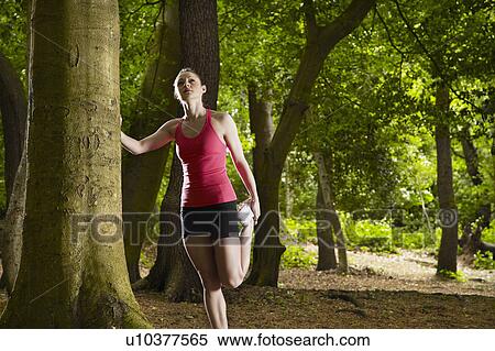 Jogger stretching in forest View Large Photo Image Stock Photography - Jogger stretching in forest. Fotosearch