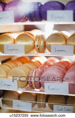 Macaroon varieties in bakery display View Large Photo Image Stock Photography - Macaroon varieties in bakery display. Fotosearch