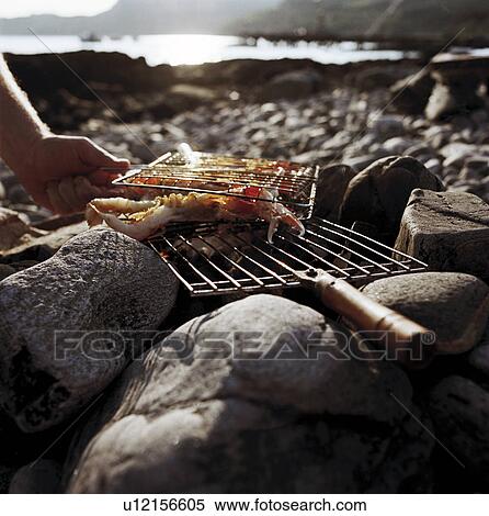 Man grilling seafood over fire on beach View Large Photo Image Stock Photography - Man grilling seafood over fire on beach. Fotosearch