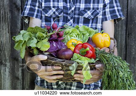 Stock Image - Man holding basket of vegetables. Fotosearch