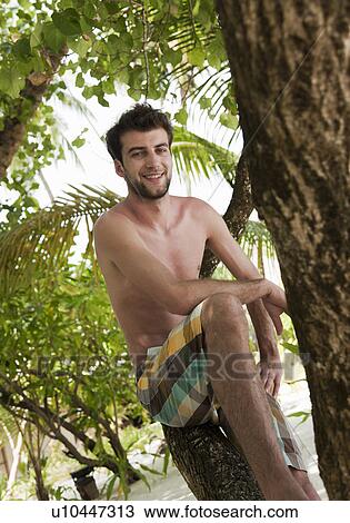 Stock Image - Man sitting in palm tree. Fotosearch