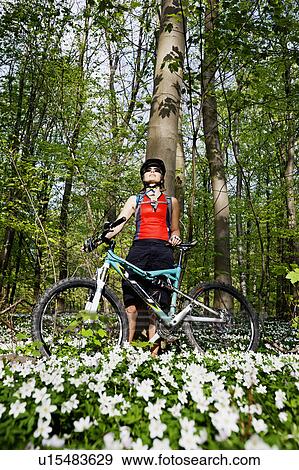 Mountain biker standing in forest View Large Photo Image Stock Photo - Mountain biker standing in forest. Fotosearch
