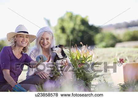 Stock Photo - Older women examining garden together. Fotosearch