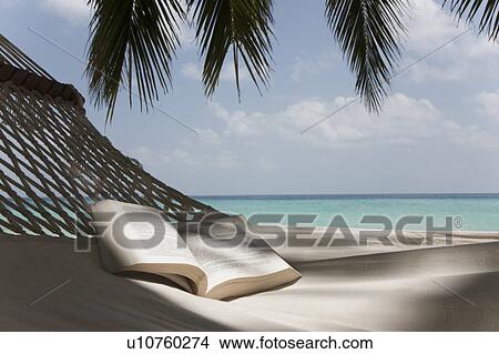 Picture - Open book in hammock on beach. Fotosearch
