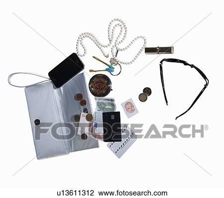 Purse with cell phone, money, jewelry View Large Photo Image Stock Image - Purse with cell phone, money, jewelry. Fotosearch