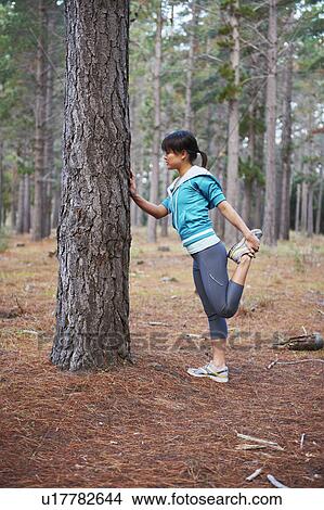 Picture - Runner stretching in forest. Fotosearch