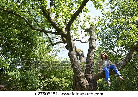 Stock Image - Smiling girl climbing tree outdoors. Fotosearch