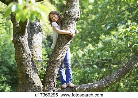 Smiling girl climbing tree outdoors View Large Photo Image Stock Photography - Smiling girl climbing tree outdoors. Fotosearch
