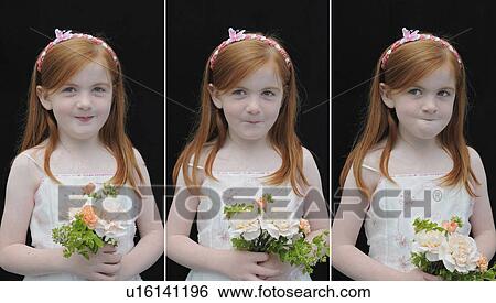 Triptych of smiling girl holding flowers View Large Photo Image Stock Photograph - Triptych of smiling girl holding flowers. Fotosearch