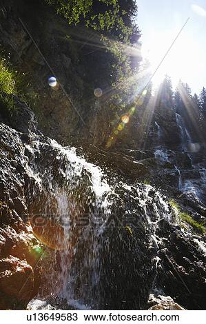 Waterfall on forested hillside View Large Photo Image Stock Image - Waterfall on forested hillside. Fotosearch