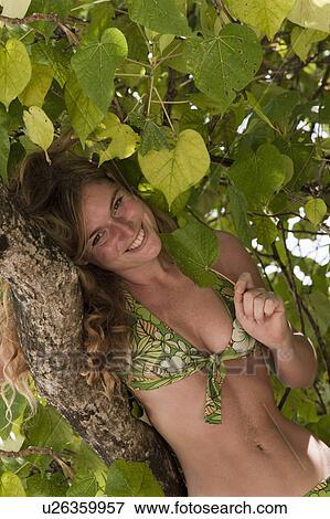Woman sitting in tree on tropical beach View Large Photo Image Stock Photo - Woman sitting in tree on tropical beach. Fotosearch