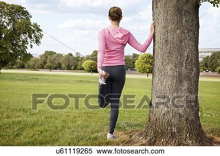 Woman stretching in park View Large Photo Image Stock Photography - Woman stretching in park. Fotosearch