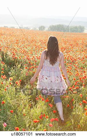 Woman walking in field of flowers View Large Photo Image Stock Image - Woman walking in field of flowers. Fotosearch