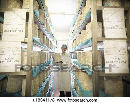 Worker checking blue cheese in factory View Large Photo Image Stock Photo - Worker checking blue cheese in factory. Fotosearch