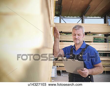 Worker checking wooden planks in joinery View Large Photo Image Stock Image - Worker checking wooden planks in joinery. Fotosearch