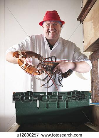 Worker holding lobster in plant View Large Photo Image Stock Photo - Worker holding lobster in plant. Fotosearch