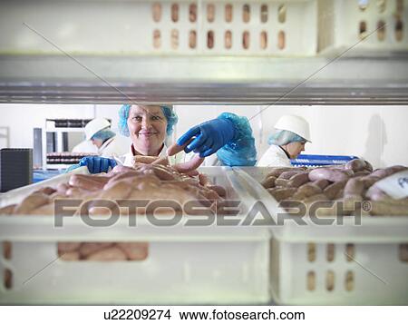 Worker inspecting sausages in factory View Large Photo Image Picture - Worker inspecting sausages in factory. Fotosearch