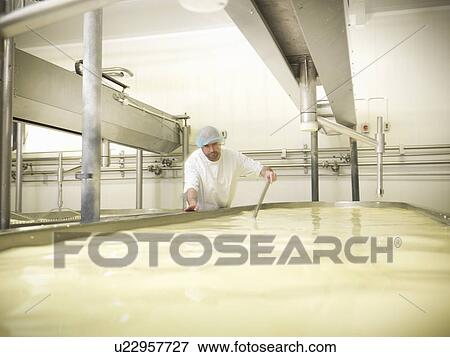 Worker mixing cheese in factory View Large Photo Image Stock Photo - Worker mixing cheese in factory. Fotosearch