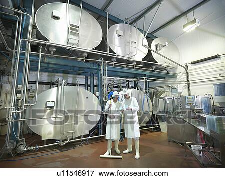 Stock Photo - Workers inspecting goat yogurt in dairy. Fotosearch