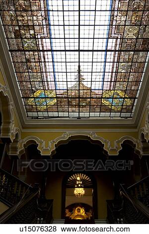 Archbishops Palace Interior Detail Of Stained Glass Ceiling With Yellow Stucco Trim And Mahogany Balustrades Spanish Colonial Style Lima Peru