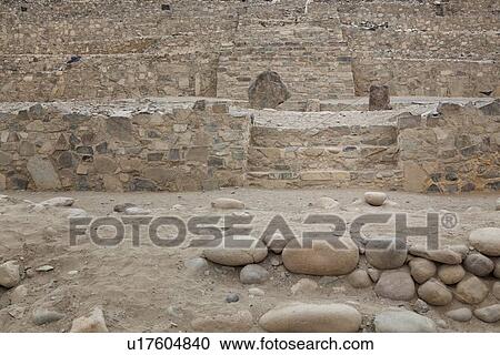 Stock Image - Caral ancient ruins: stonework detail of temple mound, Supe Valley, Peru. Fotosearch