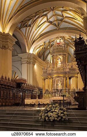 Catedral of Lima: gilded altar seen from side, with graceful gilded ribbed arched ceiling, wooden rococo choir stalls Spanish Baroque, Lima, Peru View Large Photo Image Picture - Catedral of Lima: gilded altar seen from side, with graceful gilded ribbed arched ceiling, wooden rococo choir stalls Spanish Baroque, Lima, Peru. Fotosearch