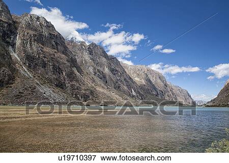 Stock Photo - Clear mountain lake Llanganuco, flanked by mountains, snow-covered Huascaran behind, blue sky, Cordilleras, Peru. Fotosearch
