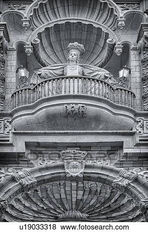 Stock Photo - Detail of Iglesia San Merced granite church facade, with ornate Spanish Baroque stone carving, monochrome, Lima, Peru. Fotosearch