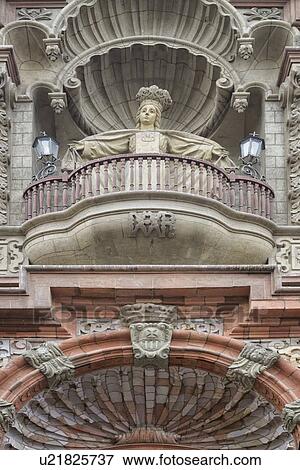 Stock Photo - Detail of Iglesia San Merced granite church facade, with ornate Spanish Baroque stone carving, Lima, Peru. Fotosearch