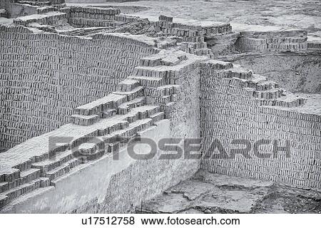 Stock Photo - Huaca Pucllana: monochrome detail of adobe mud brick walls dating back to Lima culture of 400AD, Lima, Peru. Fotosearch