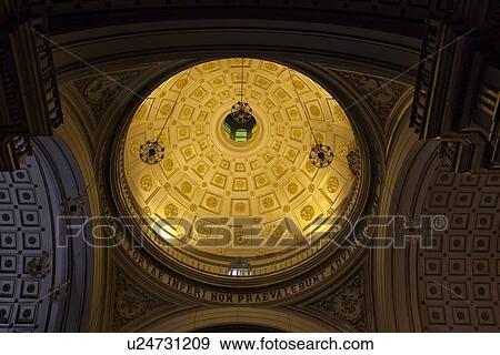 Stock Photo - Iglesia de San Pedro, close up of gilded cupola and coffered ceiling, ornate Spanish Baroque, Lima, Peru. Fotosearch