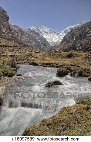 Llaca valley: mountain stream with motion blur, and snow-capped mountains beyond, blue sky, Cordilleras, Peru View Large Photo Image Stock Photo - Llaca valley: mountain stream with motion blur, and snow-capped mountains beyond, blue sky, Cordilleras, Peru. Fotosearch