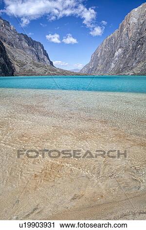 Llanganuco lake with clear turquoise water, flanked by mountains, blue sky, Cordilleras, Peru View Large Photo Image Stock Image - Llanganuco lake with clear turquoise water, flanked by mountains, blue sky, Cordilleras, Peru. Fotosearch