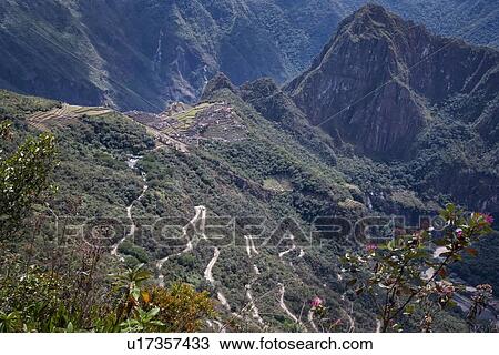 Machu Picchu Inca ruins: view of entire complex: Eastern Urban sector, Royal Palaces and Temple of the Sun, Intihuatana, with Huayna Picchu and ring of mountains beyond, Hiram Bingham road snaking in foreground, as seen from Sun Gate, afternoon sunlight View Large Photo Image Stock Image - Machu Picchu Inca ruins: view of entire complex: Eastern Urban sector, Royal Palaces and Temple of the Sun, Intihuatana, with Huayna Picchu and ring of mountains beyond, Hiram Bingham road snaking in foreground, as seen from Sun Gate, afternoon sunlight . Fotosearch
