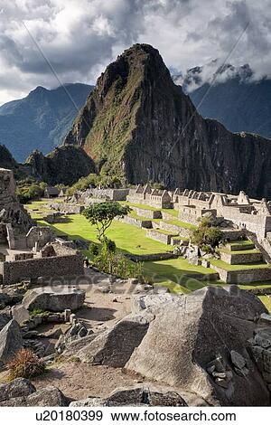 Machu Picchu Inca ruins: view of Eastern Urban sector with Huayna Picchu mountain in evening sunlight after storm, Machu Picchu, Sacred Valley, Peru View Large Photo Image Stock Photo - Machu Picchu Inca ruins: view of Eastern Urban sector with Huayna Picchu mountain in evening sunlight after storm, Machu Picchu, Sacred Valley, Peru. Fotosearch