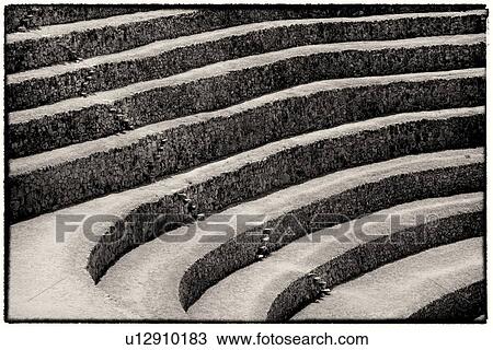 Stock Image - Monochrome aerial detail view of Moray Inca agricultural terraces in large circular patterns, Maras, Sacred Valley, Peru. Fotosearch