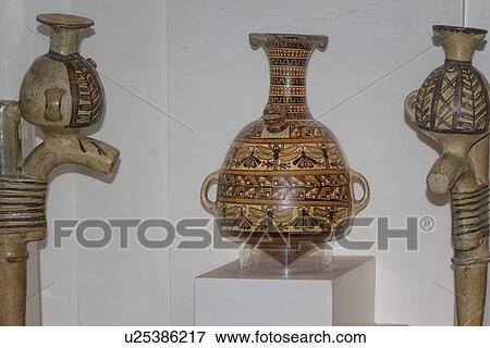 Stock Photo - Museo Larco: closeup of three ceramic patterned Moche double drinking vessels, Lima, Peru. Fotosearch