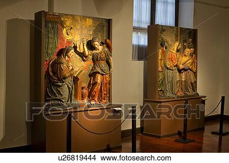 Picture - Painted and gilt wooden religious sculpted tableaux showing Annunciation and religious scenes, Spanish Baroque, Archbishop's palace, Lima, Peru. Fotosearch