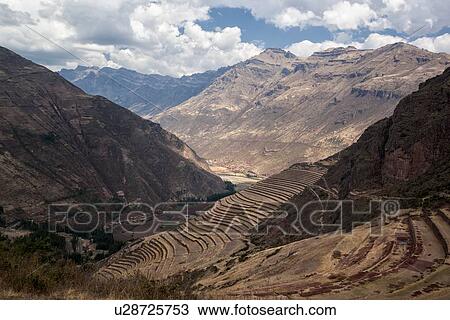 Stock Image - Pisac ruins: view of agricultural terracing of Inca citadel with mountains of Sacred Valley beyond, sunny afternoon, blue skies, Sacred Valley, Cuzco, Peru. Fotosearch