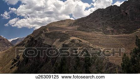 Stock Photography - Pisac ruins: view of agricultural terracing of Inca citadel with mountains of Sacred Valley beyond, sunny afternoon, blue skies, Sacred Valley, Cuzco, Peru. Fotosearch