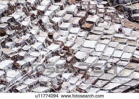 Picture - Salinas salt pans, aerial view detail of terraced rectangular pans filled with concentrated saline to evaporate, Sacred Valley, Peru. Fotosearch