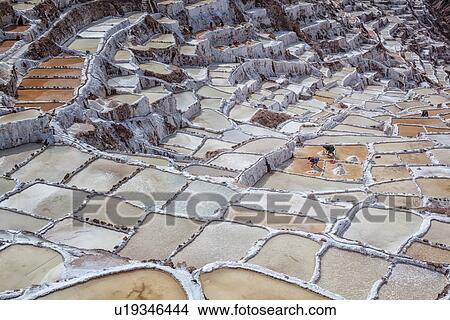 Picture - Salinas salt pans, aerial view detail of terraced rectangular pans filled with concentrated saline to evaporate, two women working in one, Sacred Valley, Peru. Fotosearch