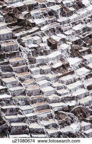 Picture - Salinas salt pans, aerial view detail of terraced rectangular pans filled with concentrated saline to evaporate, Sacred Valley, Peru. Fotosearch